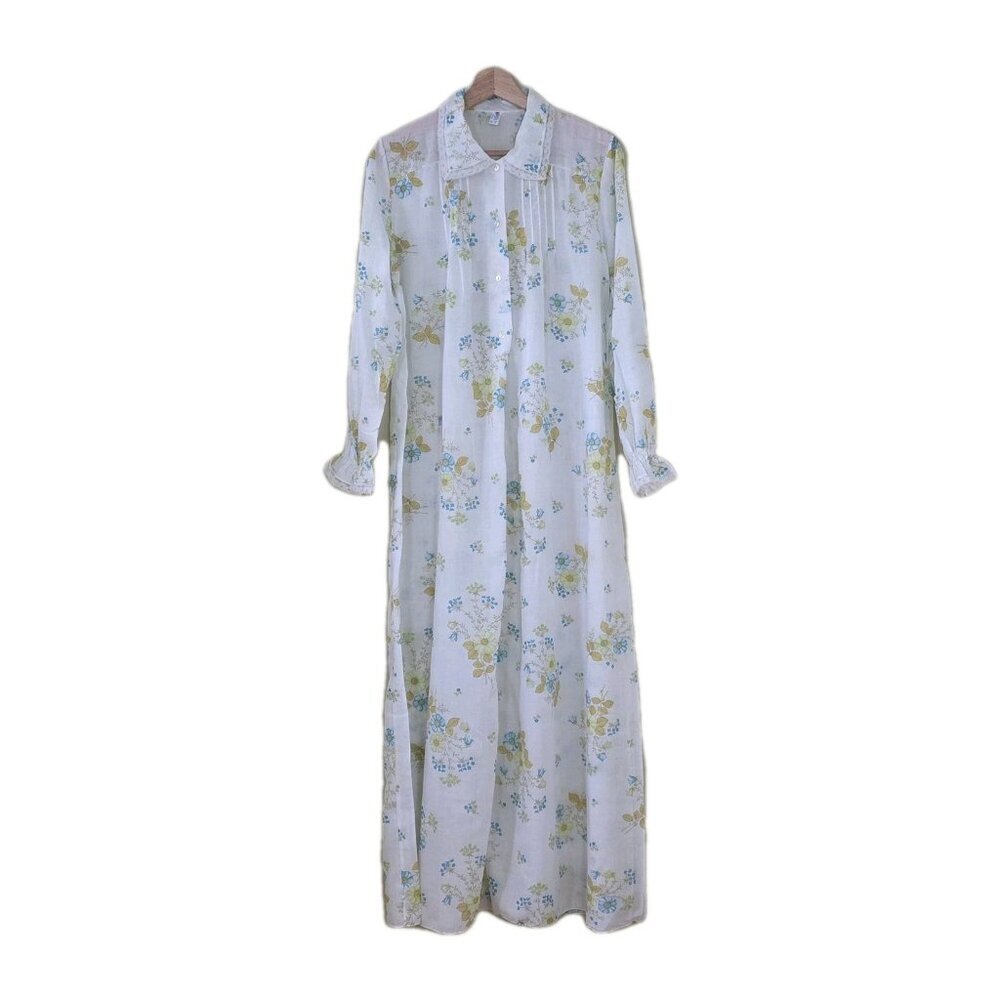 Vtg Sifra Maxi Nightgown IT 48/ L White Floral Pintuck Collar LS Trad Wife Italy